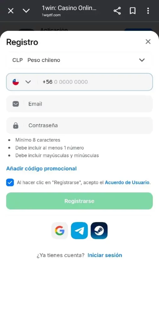 Captura de pantalla del formulario de registro en 1Win CL