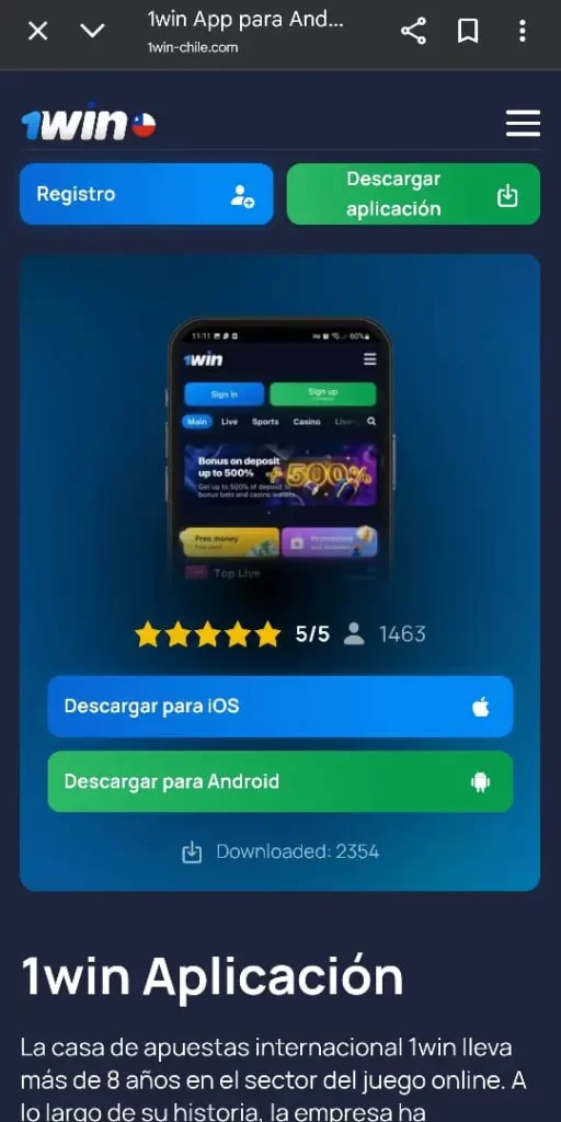 Captura de pantalla de la página de descarga de la 1Win App en Chile.
