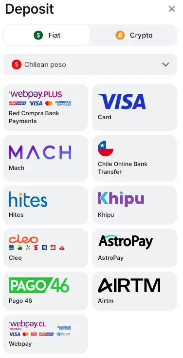 Captura de pantalla del menú de depósito de 1Win Casino Chile que muestra los métodos de pago en moneda local.