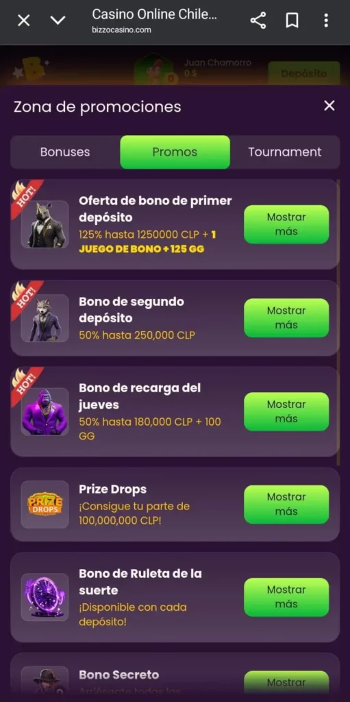 Captura de pantalla de la sección de bonos y promociones e Bizzo Casino CL.