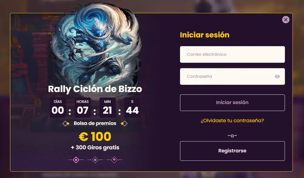 Formulario de inicio de sesión de Bizzo Casino CL