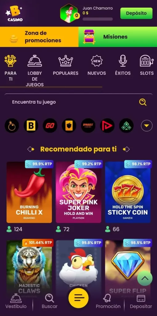 Captura de pantalla de la selección de juegos de Casino Bizzo Casino CL que muestra los mejores juegos.