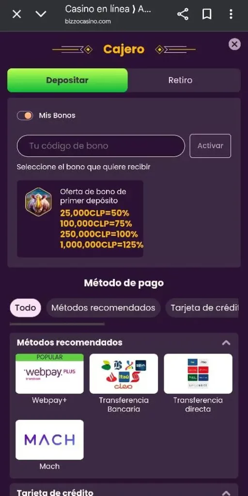 Captura de pantalla de la página de depósito de Bizzo Casino que muestra los métodos de pago y las opciones de criptomonedas disponibles en Chile.