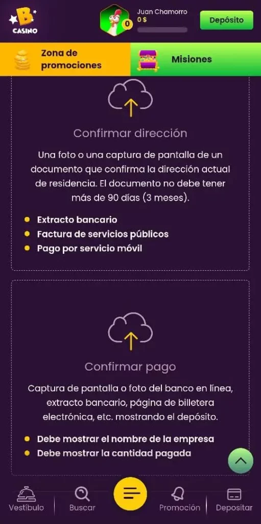 Captura de pantalla del la sección de verificación de documentos en Bizzo Casino Chile
