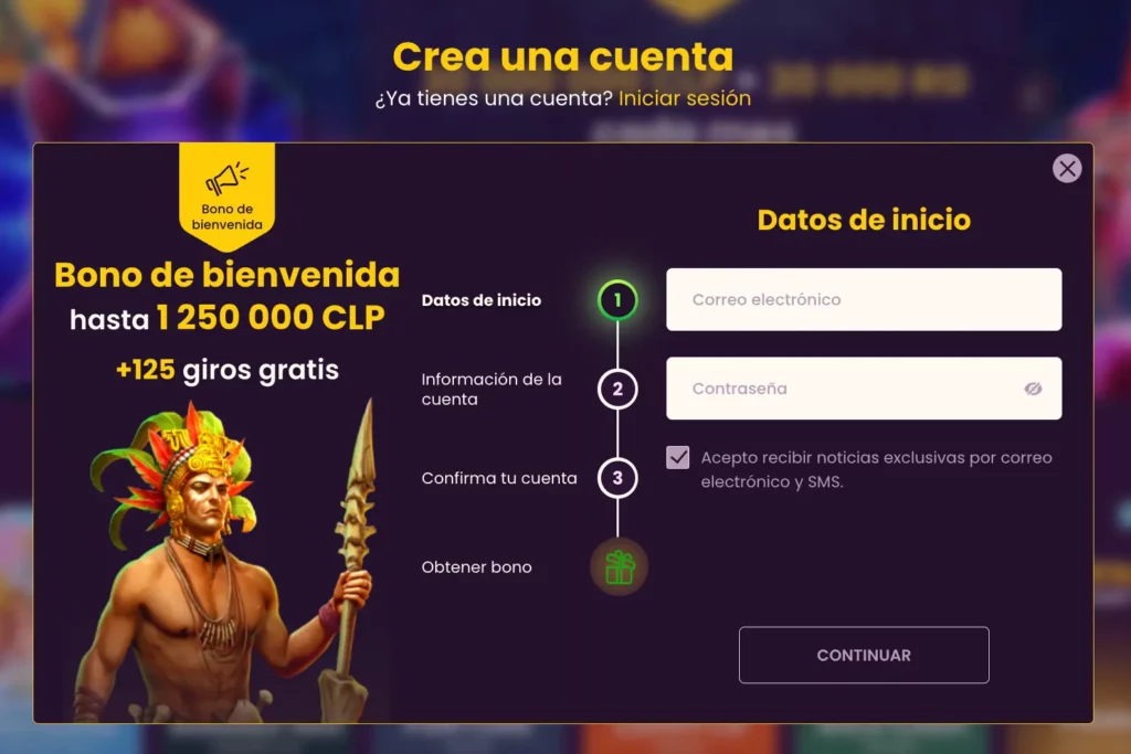 SCaptura de pantalla del formulario de registro de Bizzo Casino que muestra los campos de entrada para el correo electrónico y la contraseña.
