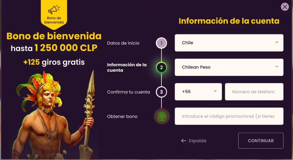 Captura de pantalla del formulario de registro de Bizzo Casino que muestra los campos de entrada para el número de teléfono y el código de bono.