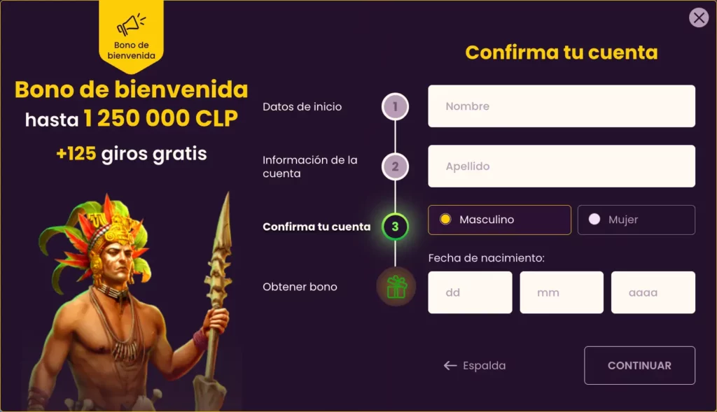 Captura de pantalla del formulario de registro de Bizzo Casino que muestra los campos de entrada para nombre, género y fecha de nacimiento.