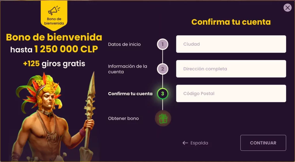 Captura de pantalla del formulario de registro de Bizzo Casino que muestra los campos de entrada para la dirección y el código postal.