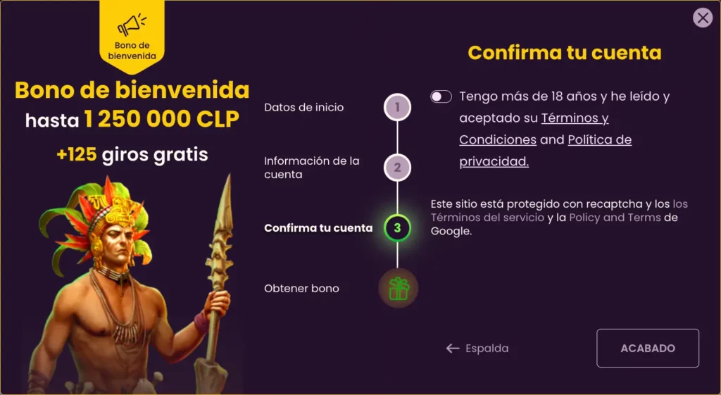 Captura de pantalla del formulario de registro de Bizzo Casino CL que muestra los campos para la confirmación de la edad.