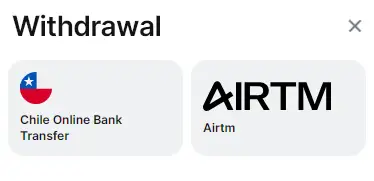 Captura de pantalla de la interfaz de retiro de 1Win Casino Chile que muestra los métodos de pago de AirTM y criptomonedas.