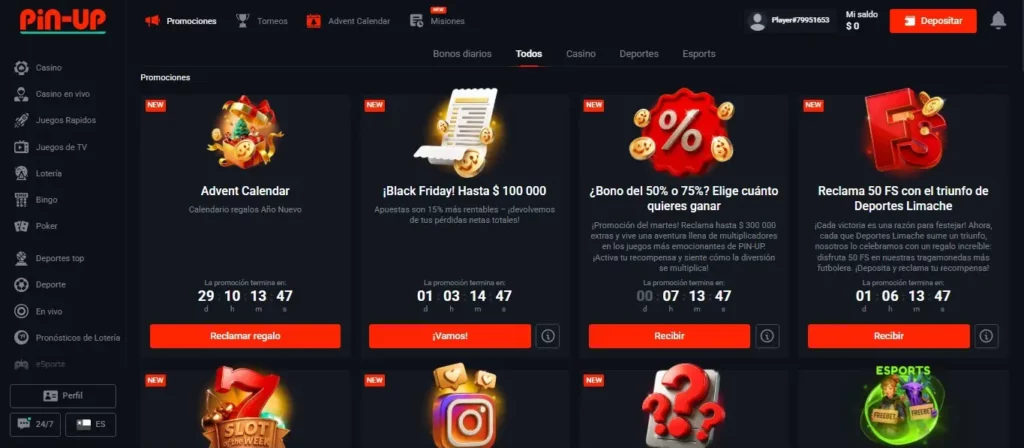 Captura de pantalla de la sección de bonos y promociones e Pin Up CL