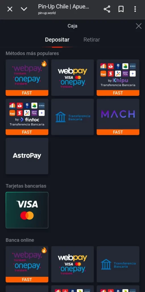 Captura de pantalla de la página de depósito de Pin Up que muestra los métodos de pago disponibles en Chile.