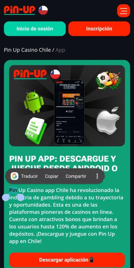 Captura de pantalla de la página de descarga de la Pin Up App en Chile.