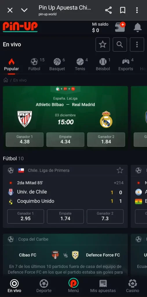 Captura de pantalla de la sección de deportes de Pin Up CL