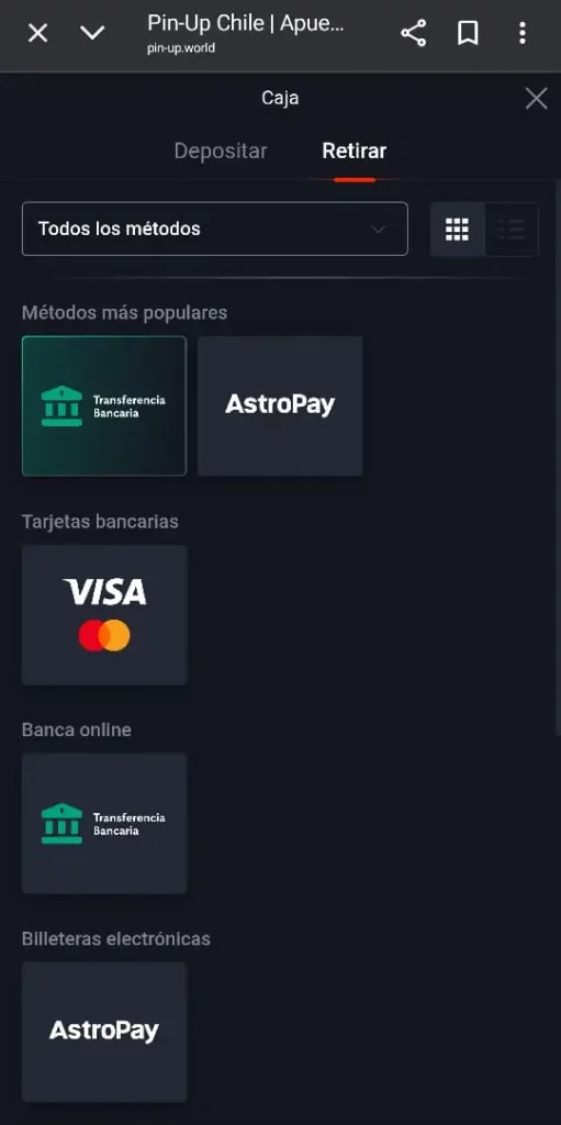 Captura de pantalla de la interfaz de retiro de Pin Up Casino Chile.