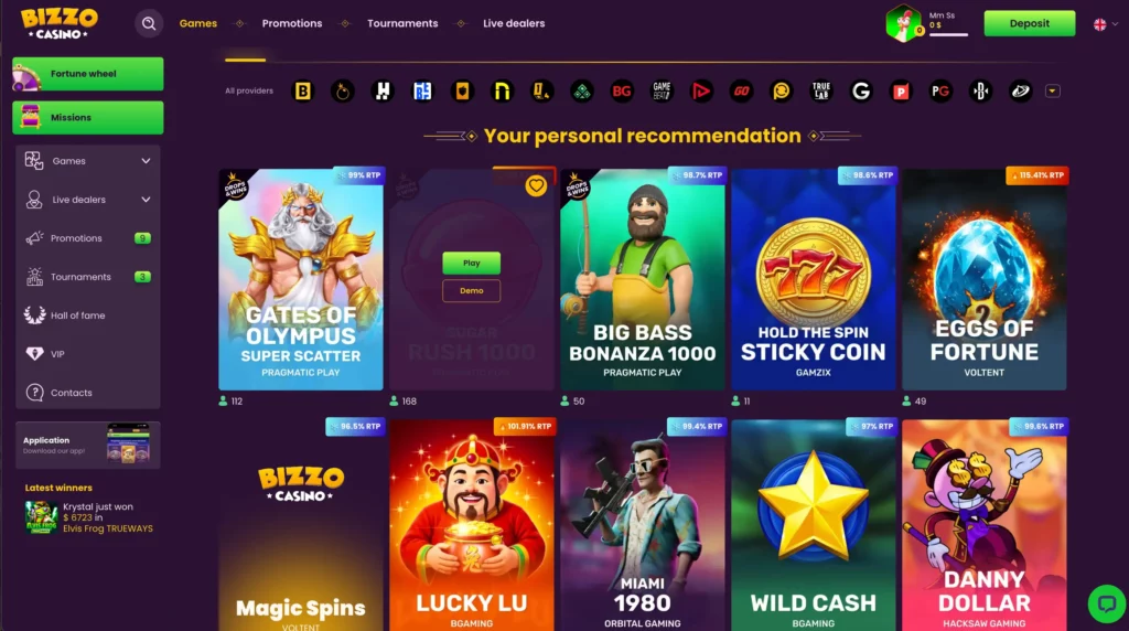 Captura de pantalla del lobby de juegos de Bizzo Casino CL que muestra las mejores video slots, salascon crupier en vivo y juegos destacados de los principales proveedores de iGaming.