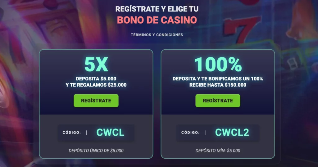 Captura de pantalla del bono de bienvenida al CoolBet Casino Chile donde se muestra la opción de duplicar el primer depósito (hasta obtener $150.000 CLP), o bien, quintuplicarlo