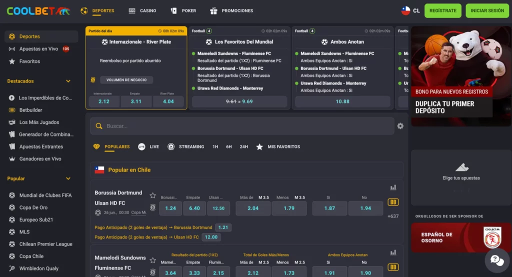 Captura de pantalla de la sección de apuestas deportivas de CoolBet Chile, donde se muestra el seguimiento de partidos en vivo, ajustes de cuotas y algunos juegos populares tales como los acumuladores y las apuestas en directo.