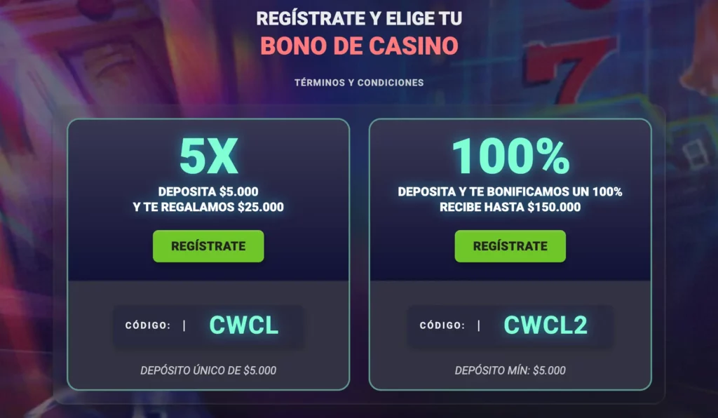 Captura de pantalla del bono de bienvenida de CoolBet Chile en la cual se muestra el Bono de 100% de tu Depósito (de hasta 150.000 CLP) y los 25 giros gratis para usuarios nuevos.