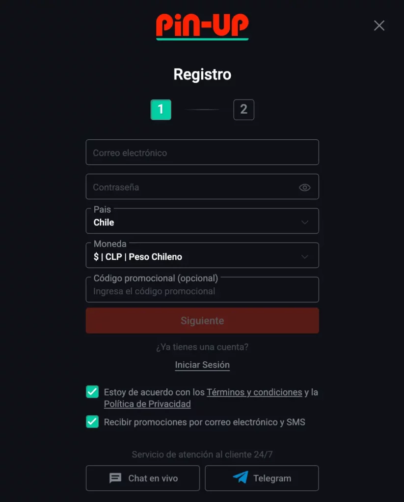 Captura de pantalla del paso 1 del formulario de registro de Pin Up Casino Chile para nuevos usuarios.