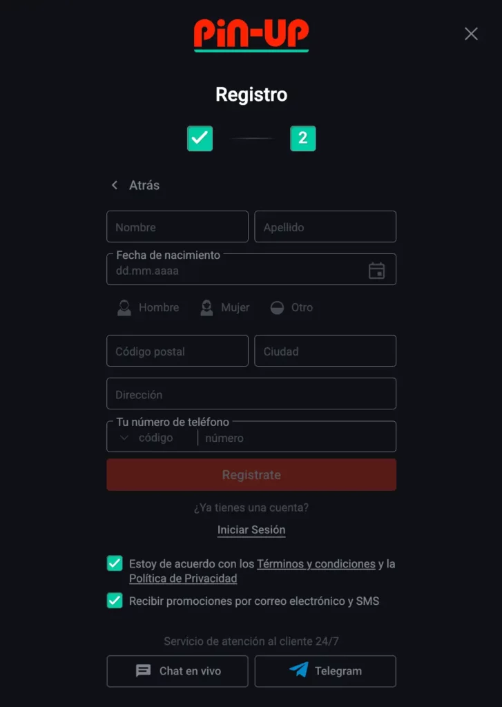 Captura de pantalla del formulario de registro Pin Up Casino Chile paso 2 para nuevos usuarios.