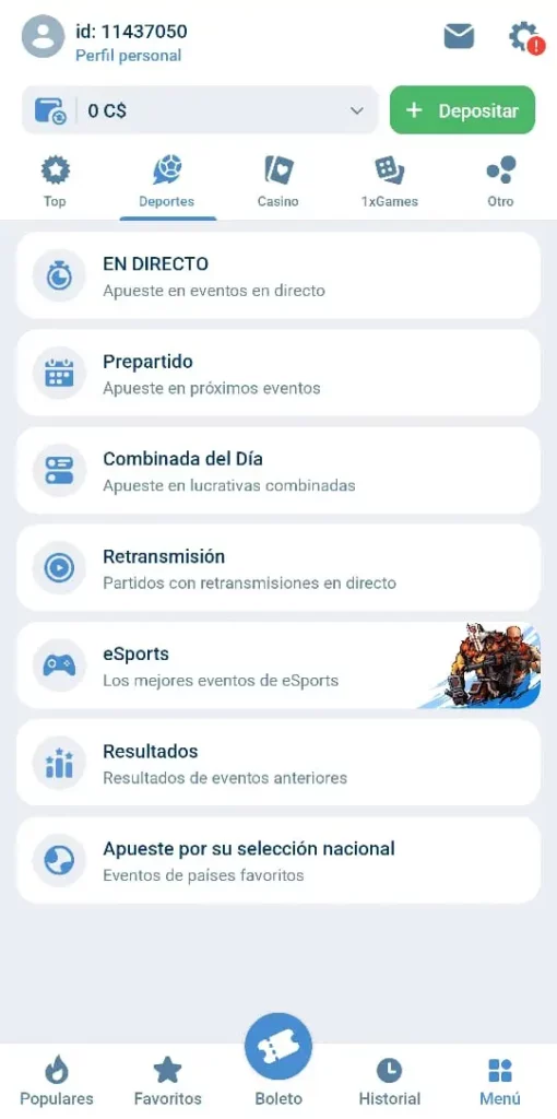 Captura de pantalla de la sección de deportes de 1xbet CL