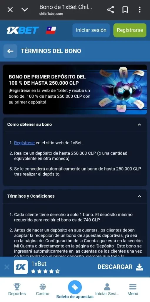 Captura de pantalla del bono de bienvenida de 1xbet online casino Chile.