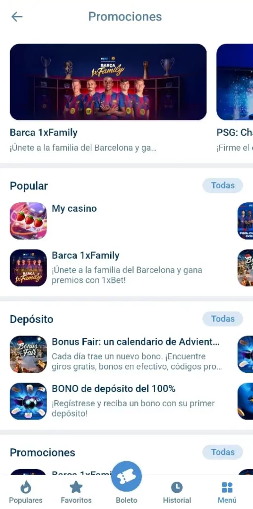 Captura de pantalla de la sección de bonos y promociones e 1xbet CL.