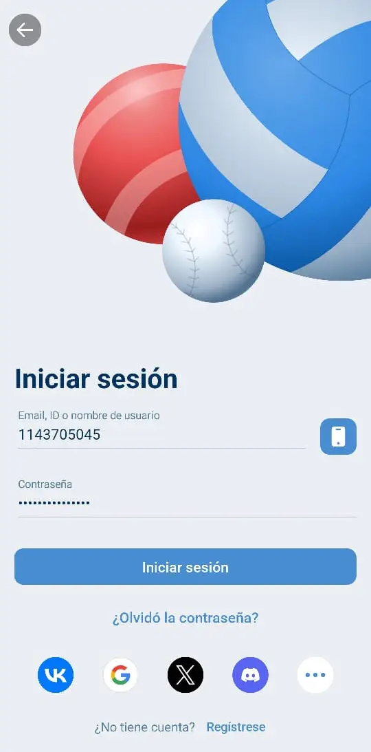 Formulario de 1xbet login para usuarios chilenos.