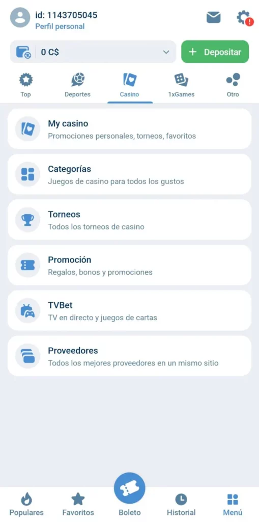 Captura de pantalla de la sección de juegos de casino de 1xbet CL