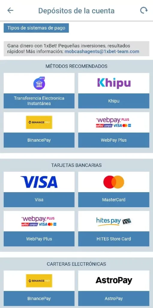 Captura de pantalla de la página de depósito de 1xbet que los métodos de pago para depósito disponibles en Chile.