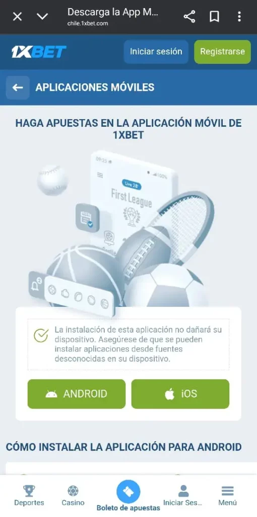 Captura de pantalla de la página de descarga de la 1xbet App en Chile.
