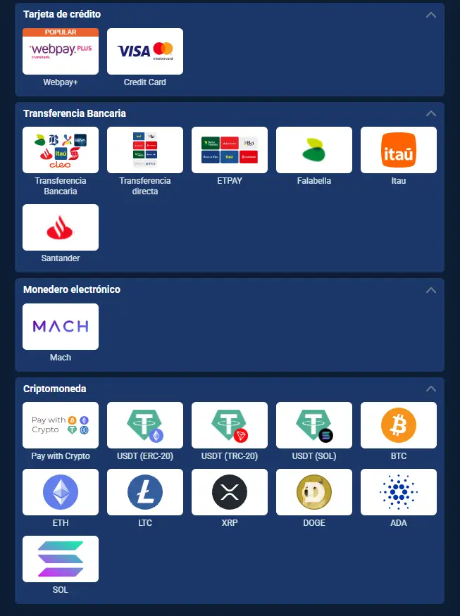 Captura de pantalla de la página de depósito de 20Bet que muestra los métodos de pago disponibles en Chile.