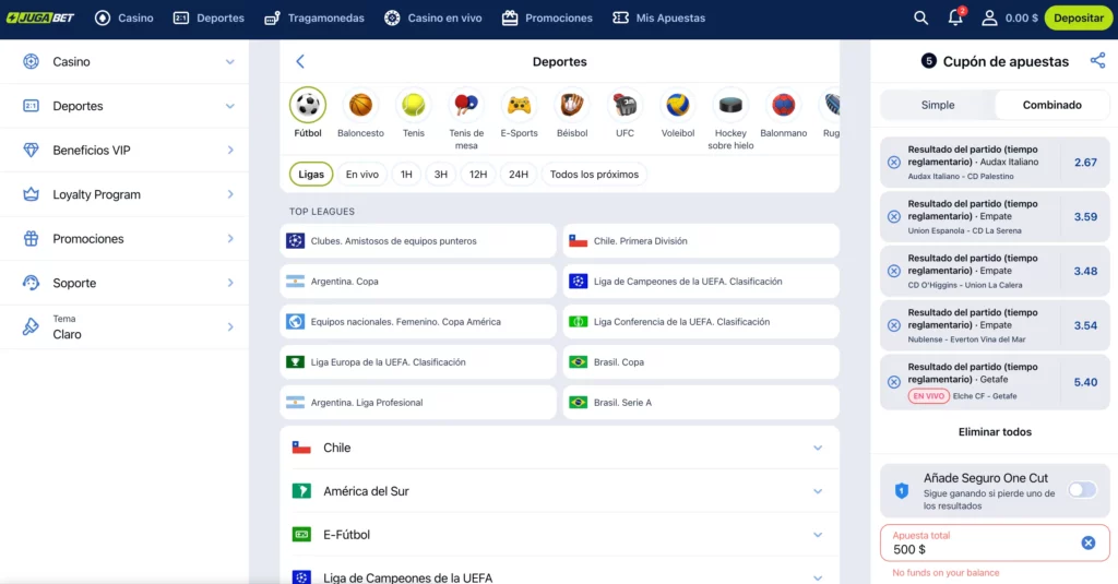Captura de pantalla del panel de apuestas deportivas de JugaBet Chile con las cuotas de fútbol y eSports en vivo.