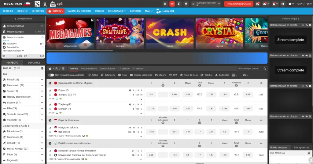 Captura de pantalla de la sección de apuestas deportivas de MegaPari Chile.