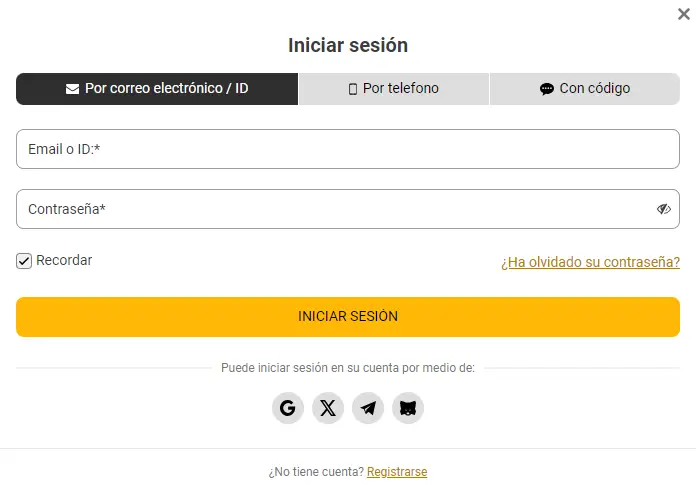 Formulario del MelBet login para usuarios chilenos.