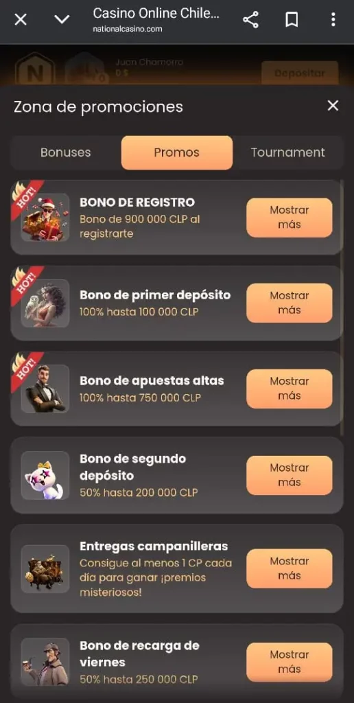 Captura de pantalla de la sección de bonos y promociones de National Casino CL.