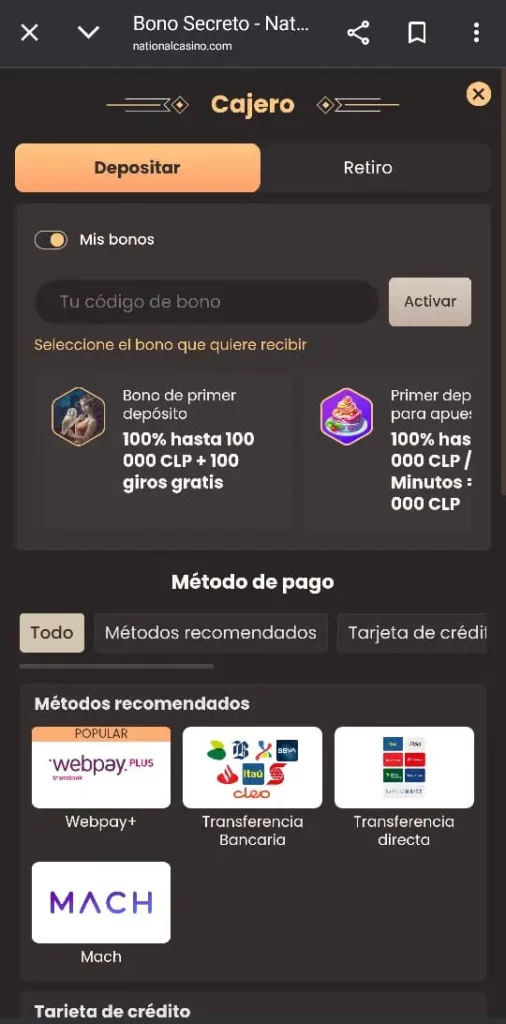 Captura de pantalla de la página de depósito de National Casino CL.