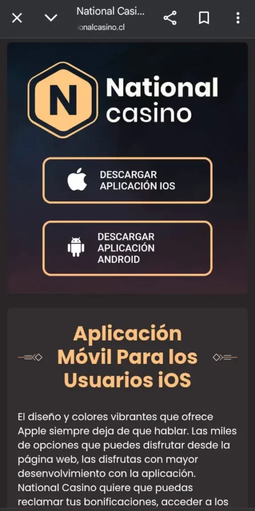 Captura de pantalla de la página de descarga de la National Casino App en Chile.