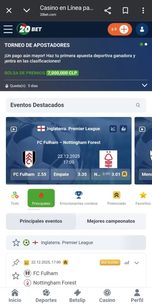 Captura de pantalla de la sección de apuestas deportivas de 20Bet CL