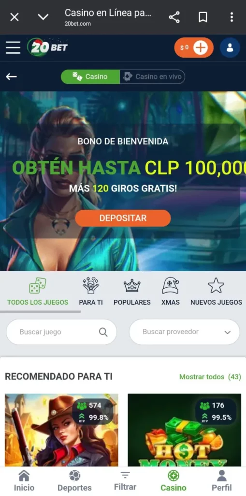 Captura de pantalla de la sección de juegos de casino de 20Bet CL