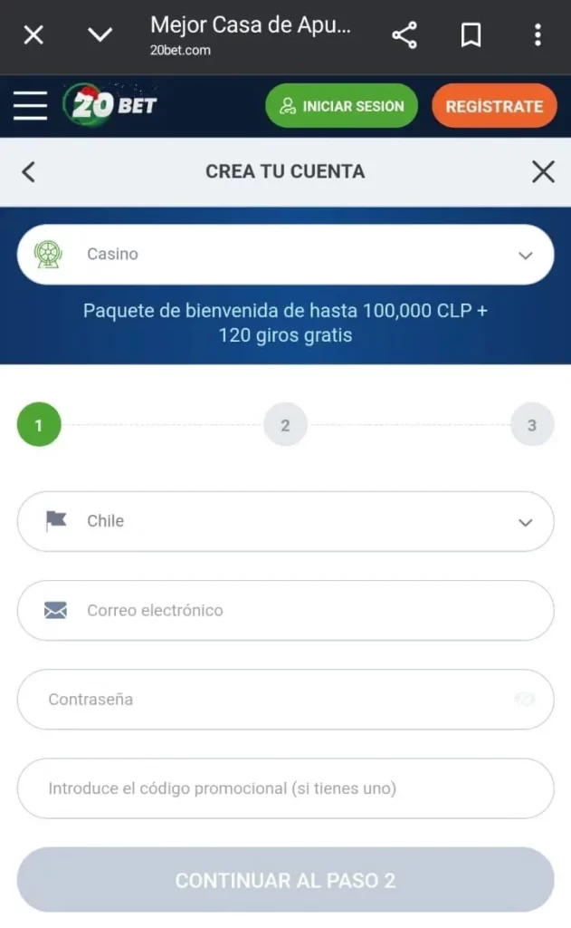 Captura de pantalla de la pantalla de registro en 20Bet