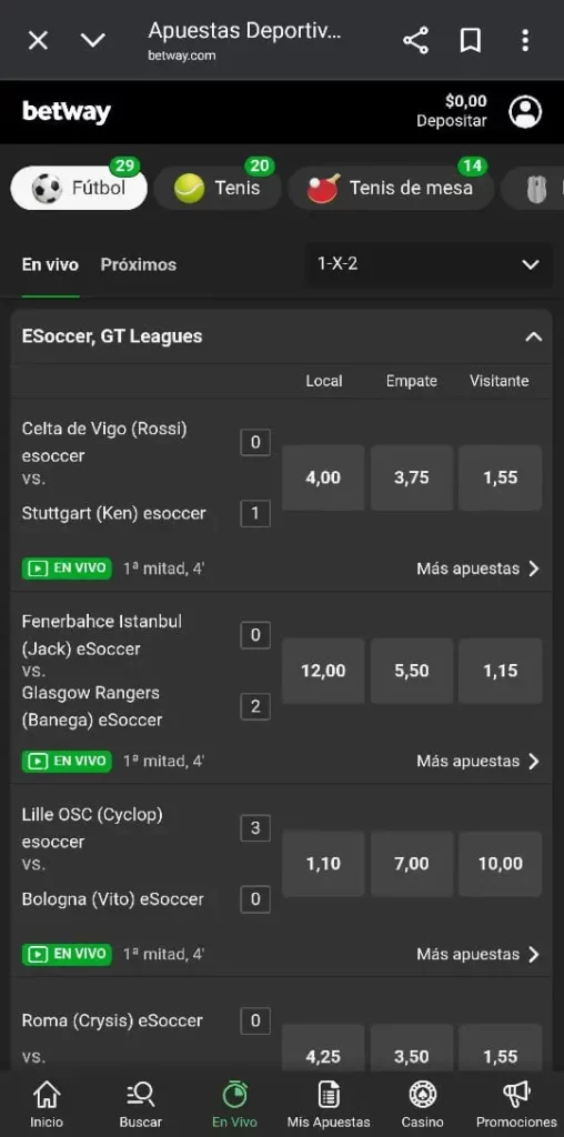 Captura de pantalla de la sección de deportes de Betway CL