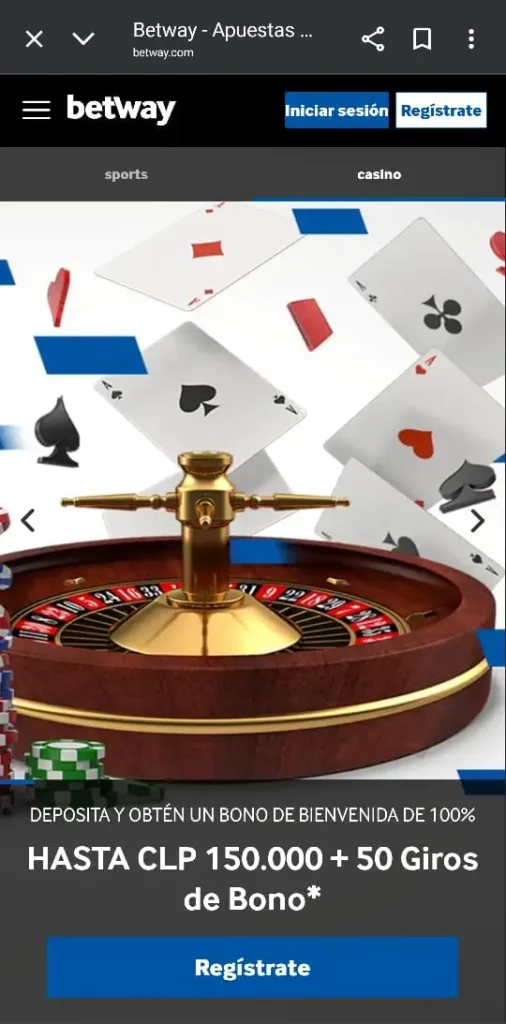 Captura de pantalla del bono de bienvenida para juegos de casino de Betway CL