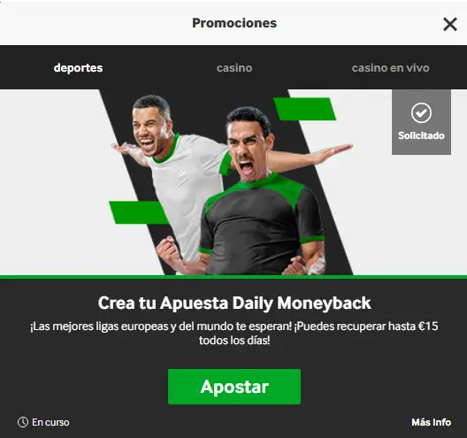 Captura de pantalla de la promoción Crea tu Apuesta Daily Moneyback