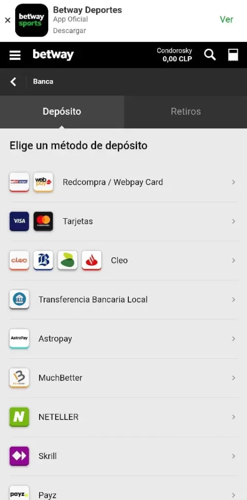 Captura de pantalla de los métodos de pago disponibles en Betway CL