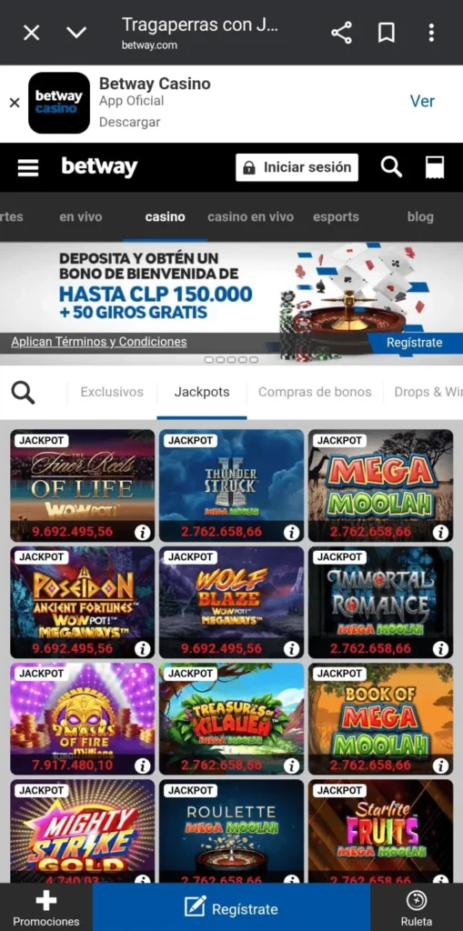 Captura de pantalla de la sección de tragamonedas con jackpot de Betway CL