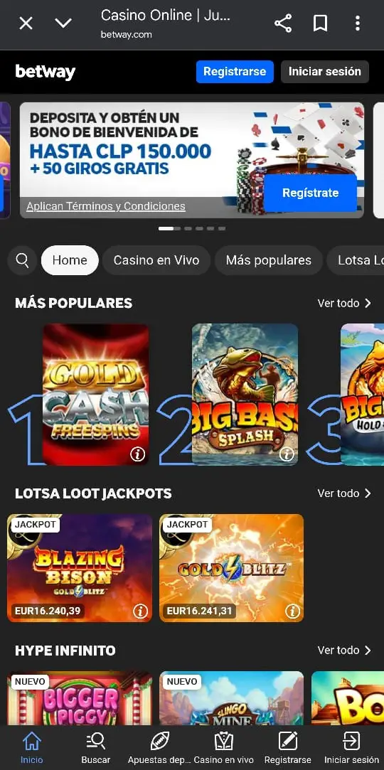 Captura de pantalla de la sección de juegos de casino de Betway CL