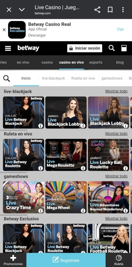 Captura de pantalla de la sección de juegos de casino en vivo de Betway CL