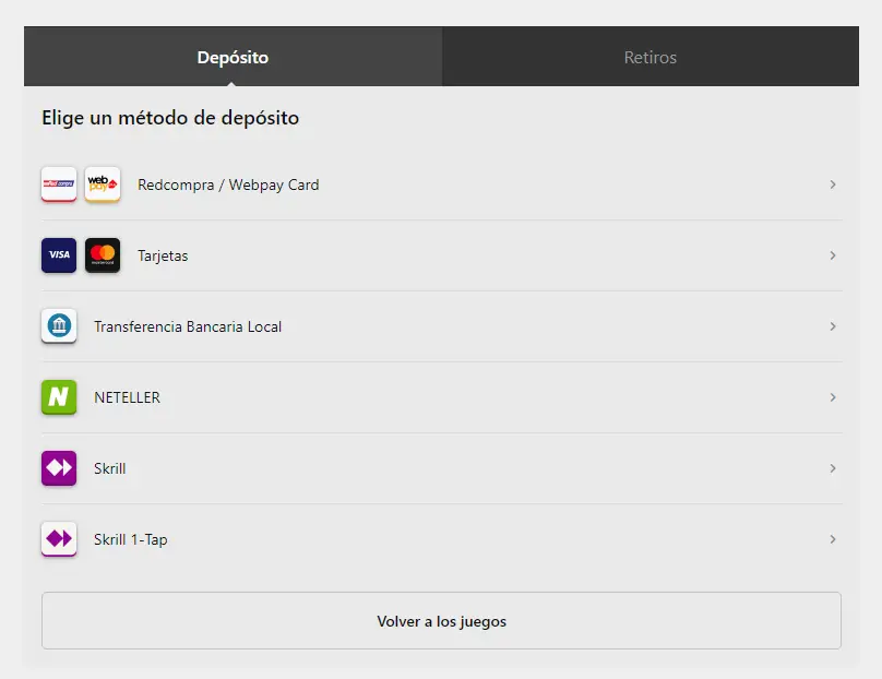 Captura de pantalla de la página de depósito de Betway que muestra los métodos de pago disponibles en Chile.